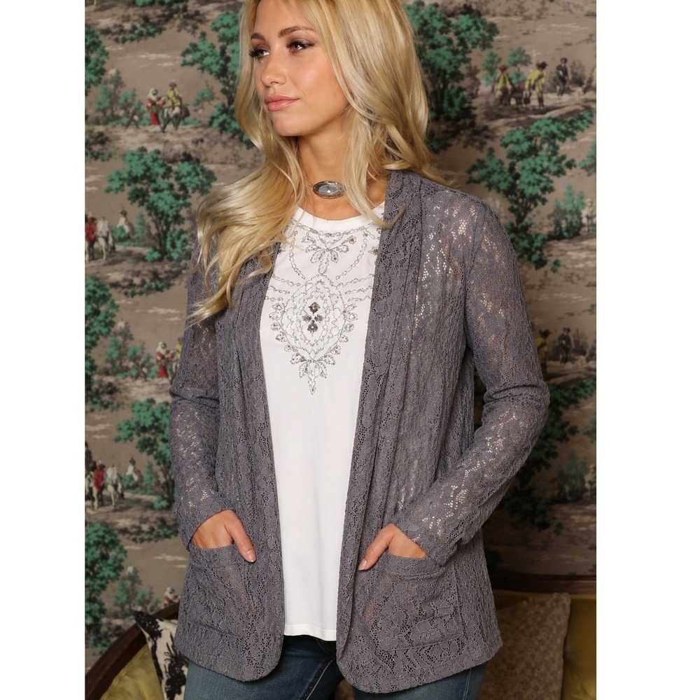 Cruel Denim‎ Womens Gray Floral Lace Open Front Cardigan Bohhemian Goth Small